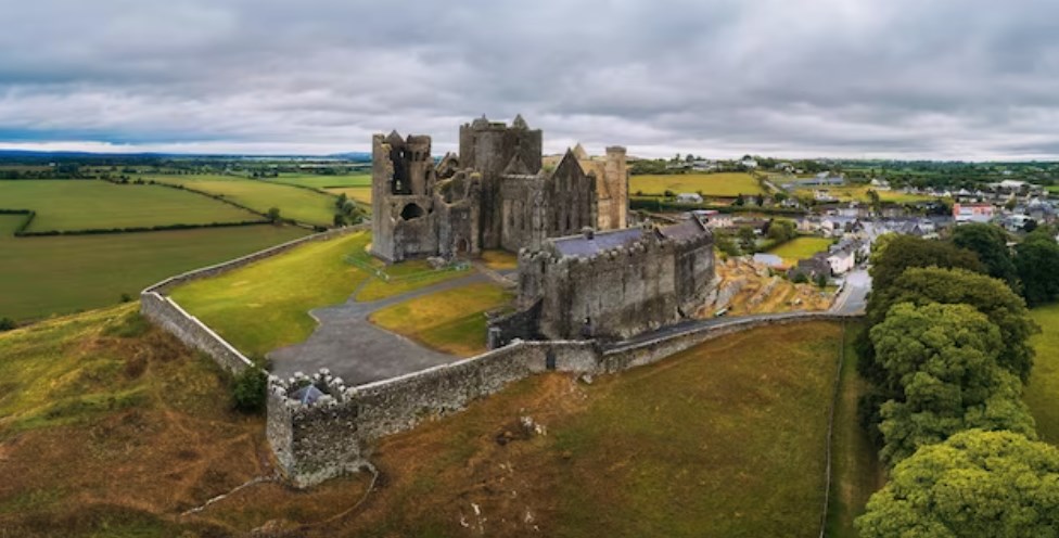 an aerial panorama of the Rock of Cashel in Ireland